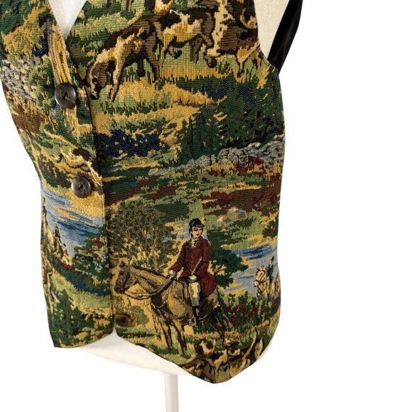 Vintage Western Fleur Bleue Tapestry Vest Equestrian Fox Hunt Scene Waistcoat - Picture 2 of 7